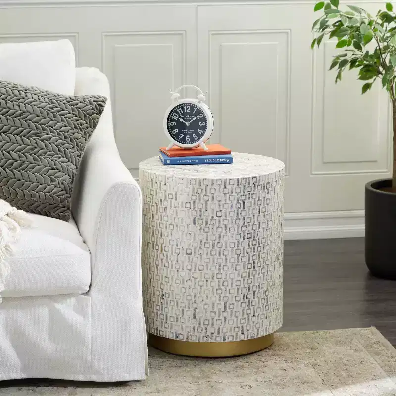 Contemporary Mother of Pearl Stool White - Olivia & May: Modern Round Accent, MDF Frame, Solid Pattern, 22.35" Seat Height