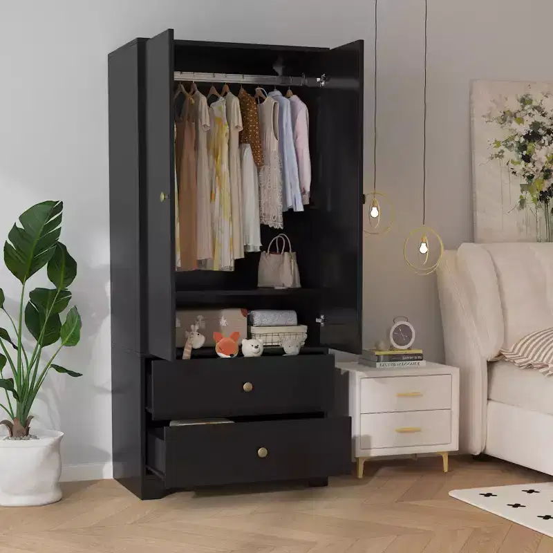 71 Armoire Wardrobe Closet, Modern Wooden Bedroom Armoire with 2 Drawers & 2 Doors and Adjustable ShelvesClothing Storage Cabinet with Hanging