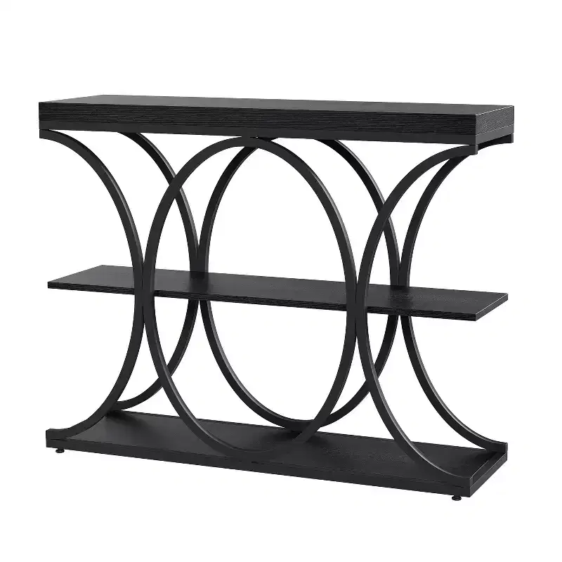 3-Tier Farmhouse Narrow Console Table  Rectangular Entryway Furniture with Storage Shelves, Metal Geometric Legs  Versatile Accent Sofa Table