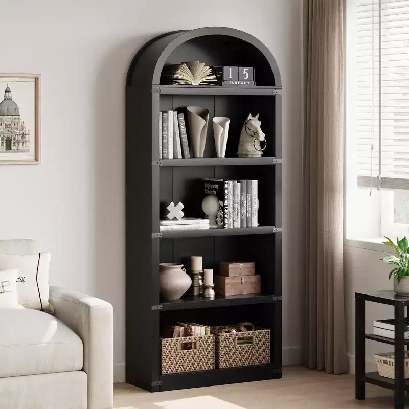 Bookcase 5 Shelf Arched Bookshelf 71.65in Tall Bookcase Farmhouse Display Storage Rack Wooden Bookshelves for Home Office, Living Room