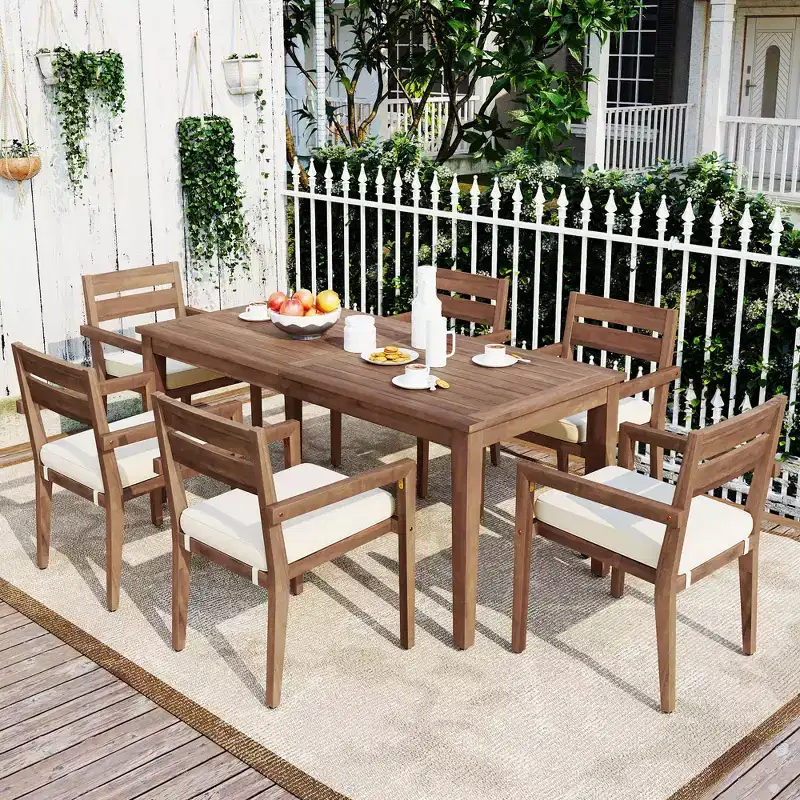 Whisen 7-Piece Outdoor Patio Dining Set-Seats 6, Outdoor Wood Garden Dining Table And Chairs, Patio Furniture Sets Weather Resistant