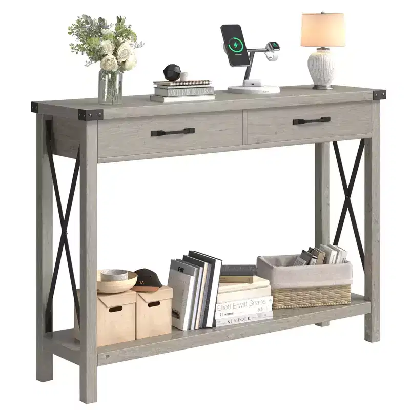 Gray Console Table with 2 Drawers, X-Metal Legs, Open Shelf – 110x30x80cm, 1-Person Use
