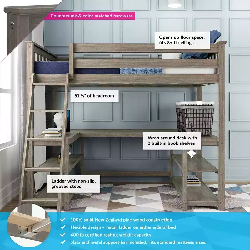 Twin High Loft Bed with Desk and Storage Shelves for Kids - Solid Pine, 400 lb Capacity