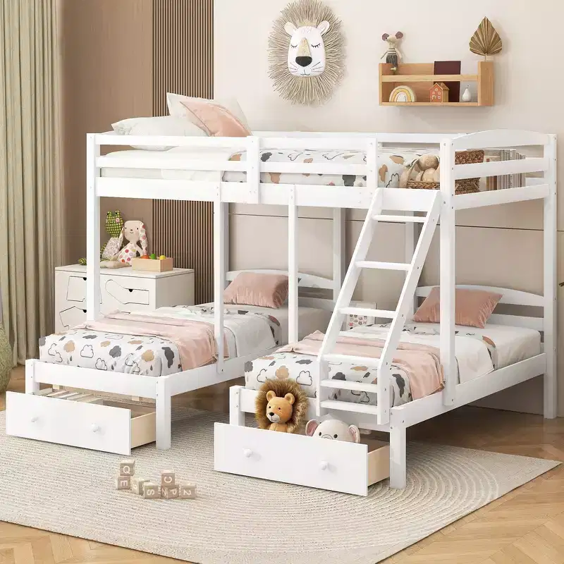 Whisen Triple Bunk Bed, Full over Twin & Twin Bunk Bed with Solid Pine Wood Frame, Storage Drawers, Shelves and Safety Guardrails - White