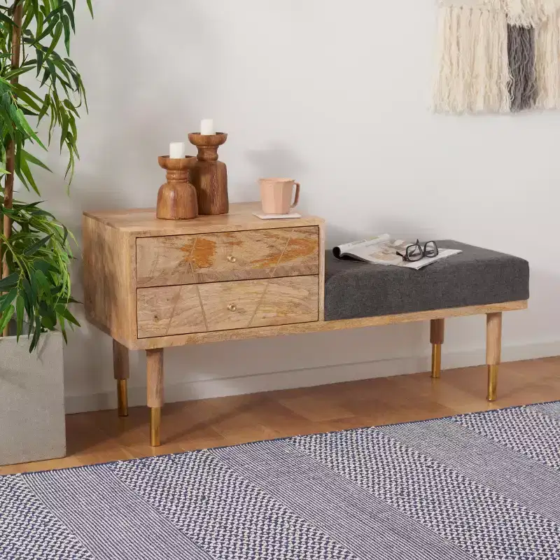 2-Drawer Cushion Seated Storage Bench, Off-White, Entryway & Bedroom