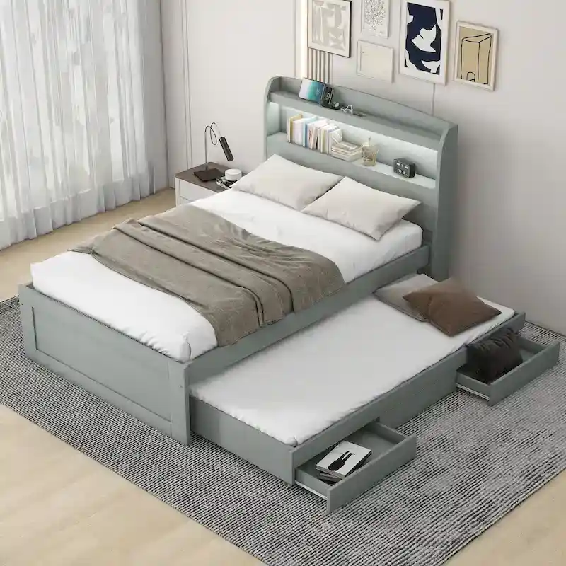 XL Extra-Long Single Platform Bed with LED Storage Headboard, Charging Ports, Trundle Bed, and Two Drawers