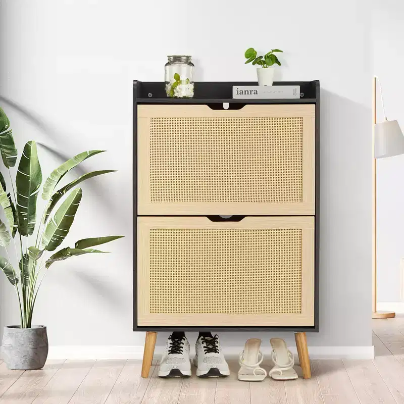 2-Layer Rattan Shoe Cabinet  Holds 12-18 Pairs for Entryway/Closet (Anti-Tip Design)