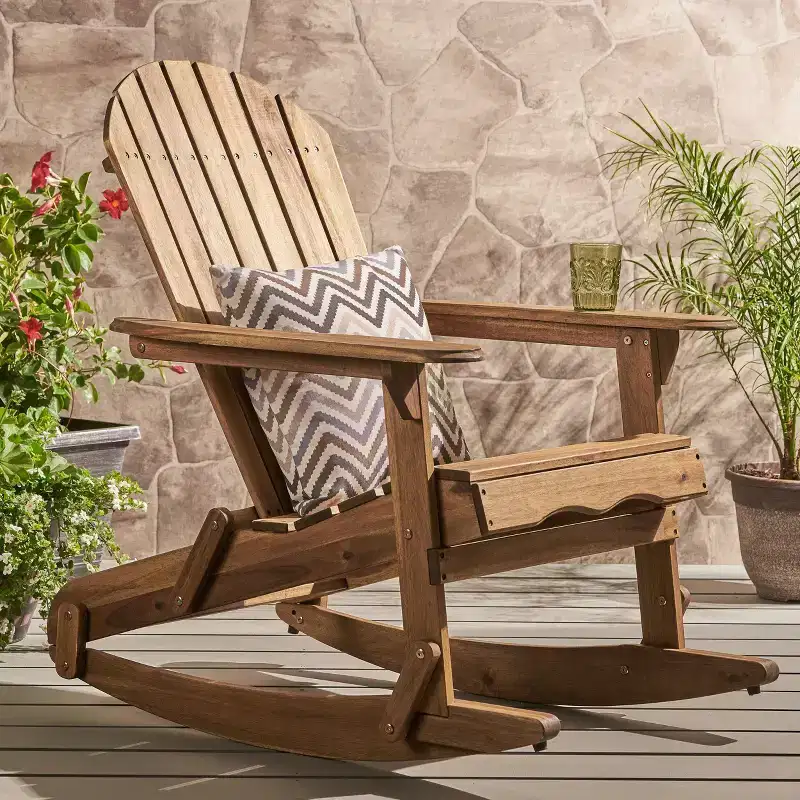 Okak Outdoor Adirondack Chair with Slat Seat and Backrest, Outdoor Rocking Chairs with Wide Armrests, Porch Chairs for Garden, Balcony, Natural