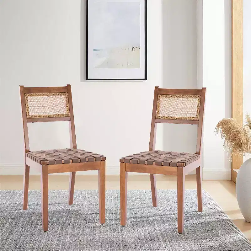 GDFStudio Karter Modern Rubberwood and Faux Leather Dining Chair with Rattan Back (Set of 2)
