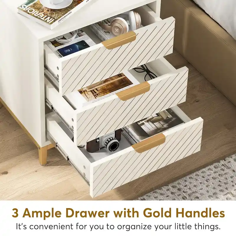 3-Drawer Nightstand with Gold Handles, Light Wood Grain, Particle Board and Metal Frame, 19.69W x 15.75D x 24.6H in