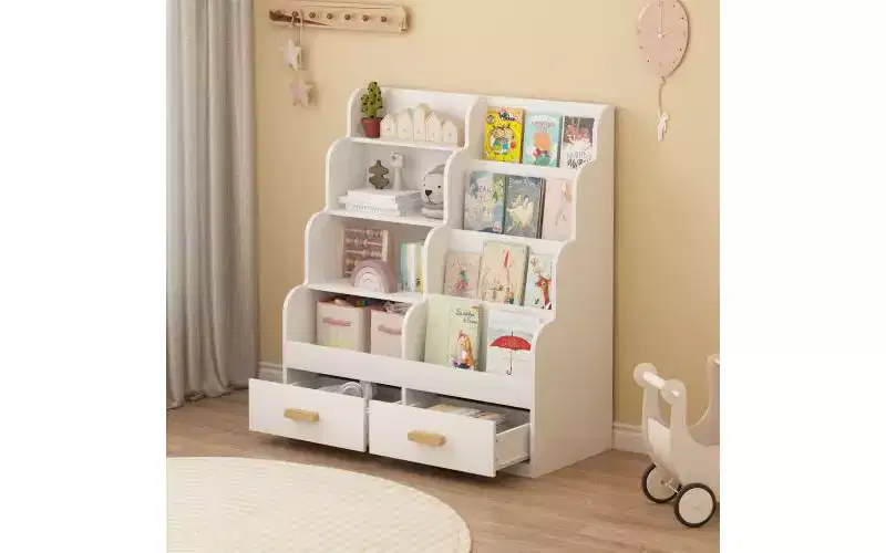 Kids Bookshelf with 2 Storage Drawers, Front-Facing Bookcase and Toy Organizer, White