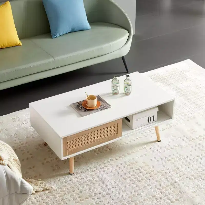 Solid Wood + MDF 41.34 Rattan Coffee Table, White