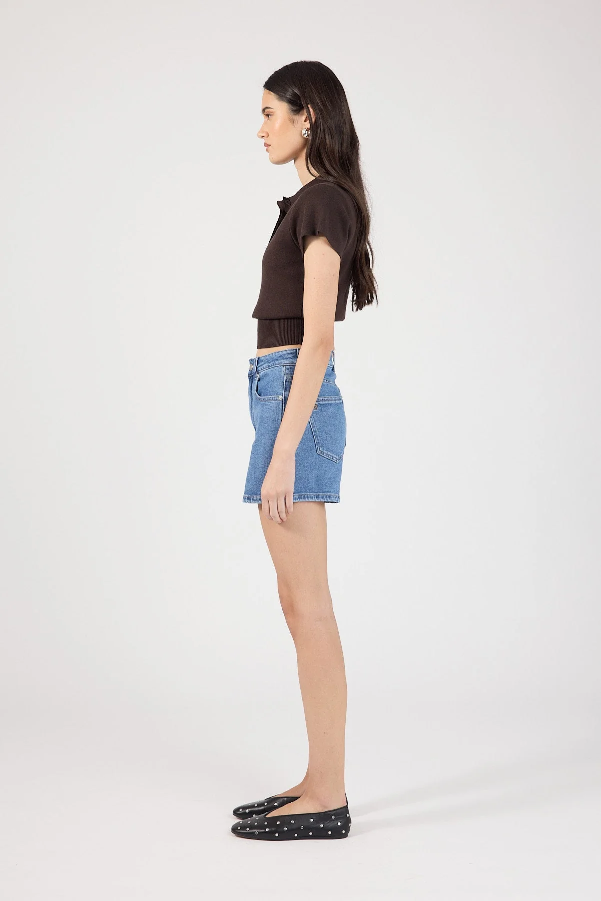High Rise Denim Shorts Mid Blue Denim