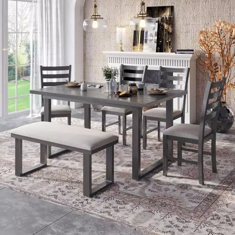 Farmhouse 6 Pieces Dining Table Set with Bench, Wood Rectangle Table and 4 Upholstered Chairs for Kitchen, Gray