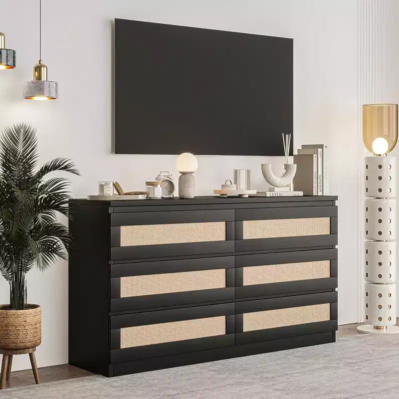 6-Drawer Rattan Dresser for Bedroom, Modern Wood Chest of Drawers, Anti-Tip, Black