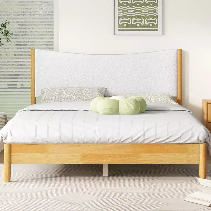 Queen Size Rubberwood Platform Bed with Boucle Upholstered Headboard, Natural
