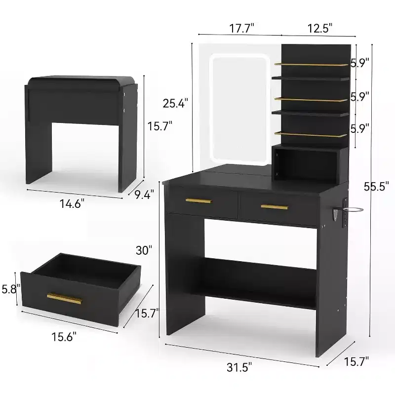 Vanity Desk with Mirror and Lights, Makeup Vanity Table with Drawers and Shelves, Cabinet and Cushioned Stool, for Bedroom