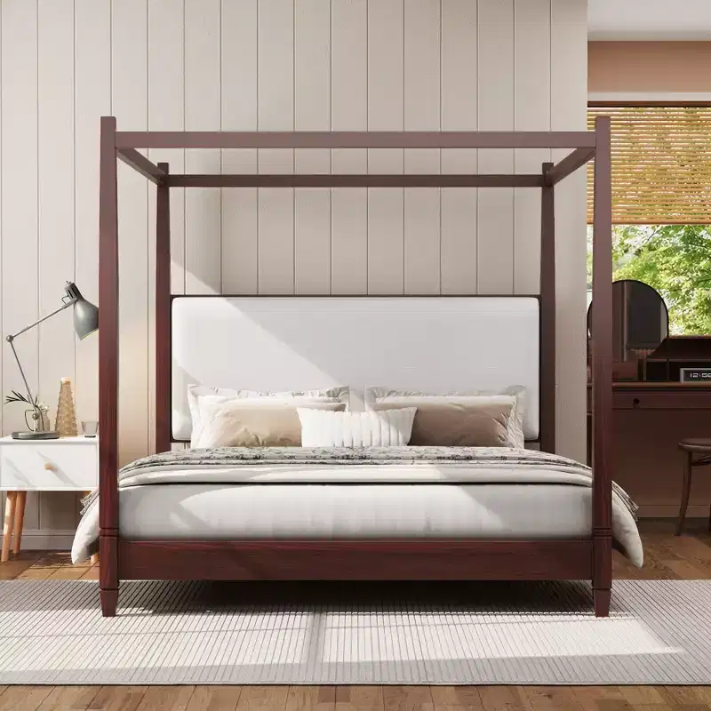 GDFStudio Reyes Canopy Platform Bed with Upholstery Headboard and Wooden Slat Support Legs