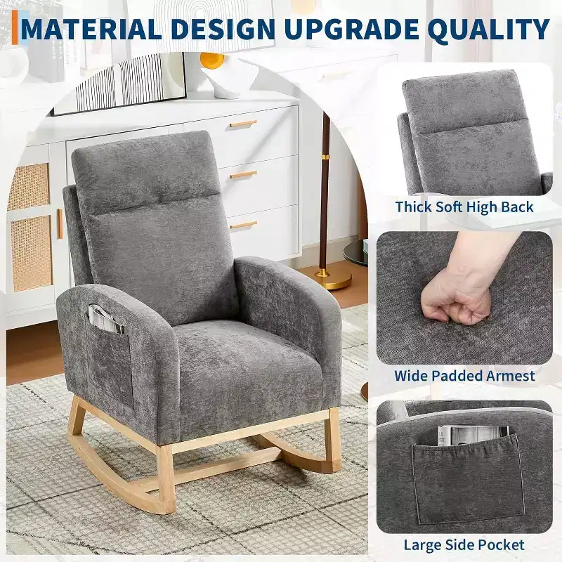 Rocking Glider Chair Modern Upholstered, Wingback Accent Rocker Chair Upholstered Tall Back Arm Chair