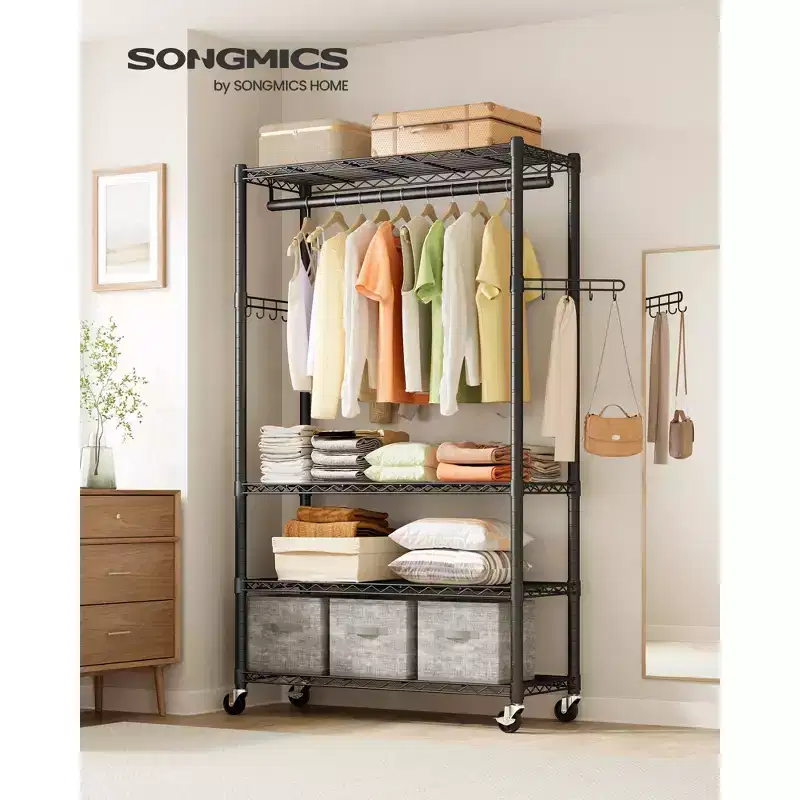 SONGMICS Heavy-Duty Rolling Clothes Rack, Garment Rack, Portable Closet on Wheels, with Adjustable Mesh Shelves and Hanging Rails, Hooks, Ink Black