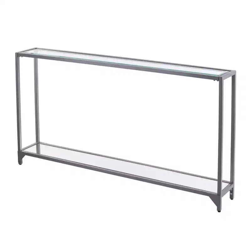 56 Clear and Silver Glass Mirrored Floor Shelf Console Table With Storage