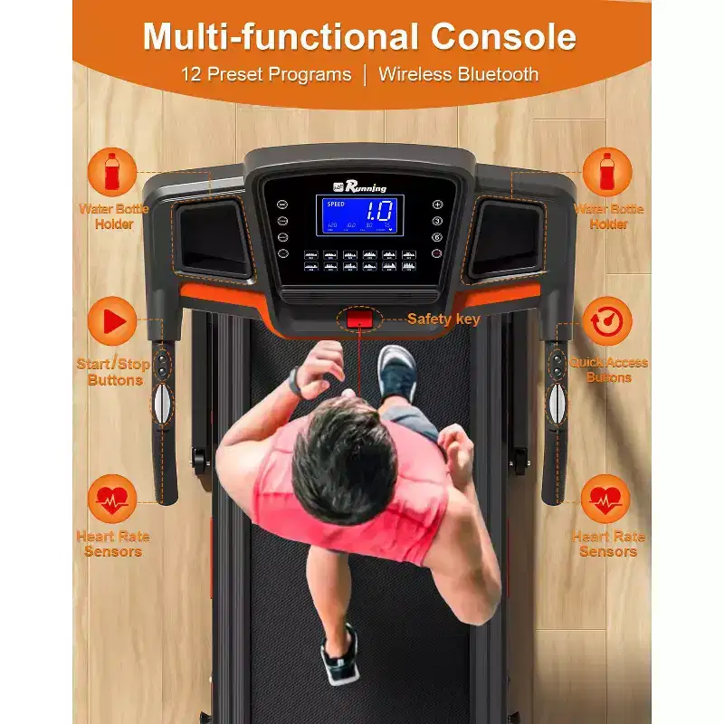 Redliro 3-Level Incline Folding Treadmill for Home, Running Machine with Bluetooth Speakers, Compact Treadmill with 330lbs Capacity