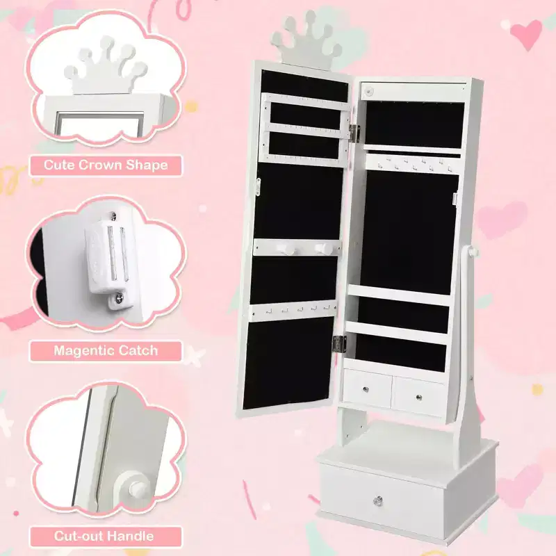 46 Kids Jewelry Cabinet with Full-Length Mirror, Storage Drawers and Jewelry Armoire for Kids Bithday
