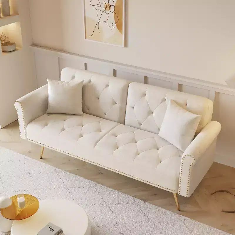 GDFStudio Ubon Modern 70 Wooden Velvet Upholstered Sofa Bed with Nail Head Trim and Throw Pillow