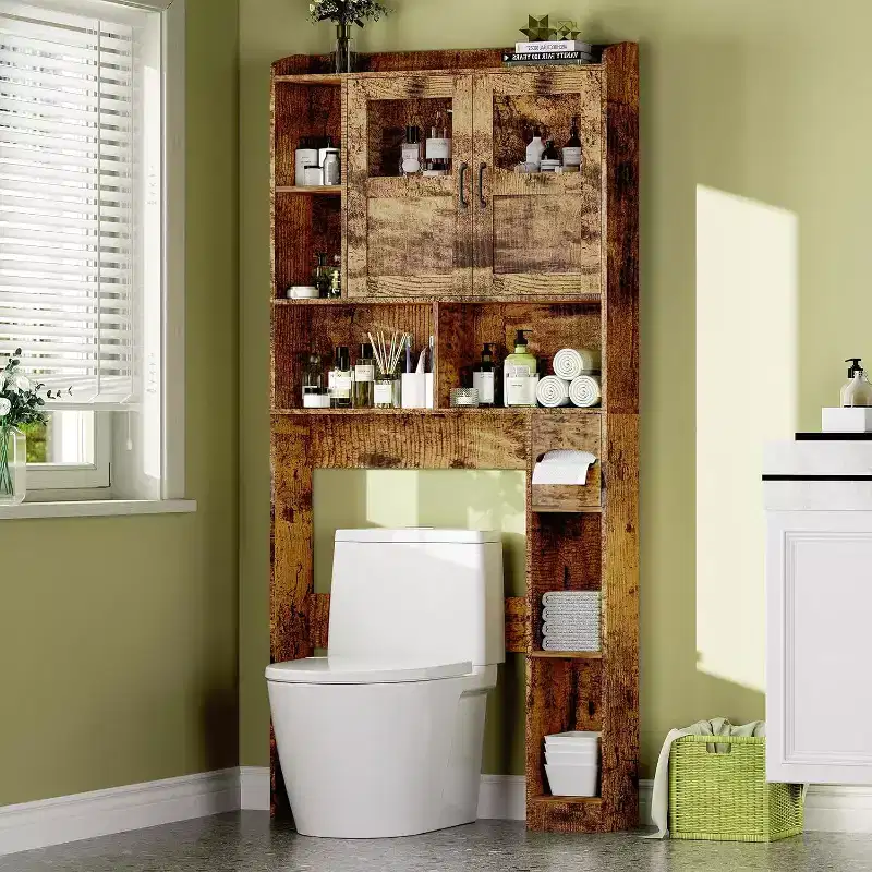 Over Toilet Storage Cabinet with Adjustable Shelves, Tall Bathroom Cabinet with Glass Doors, Freestanding Toilet Organizer for Bathroom