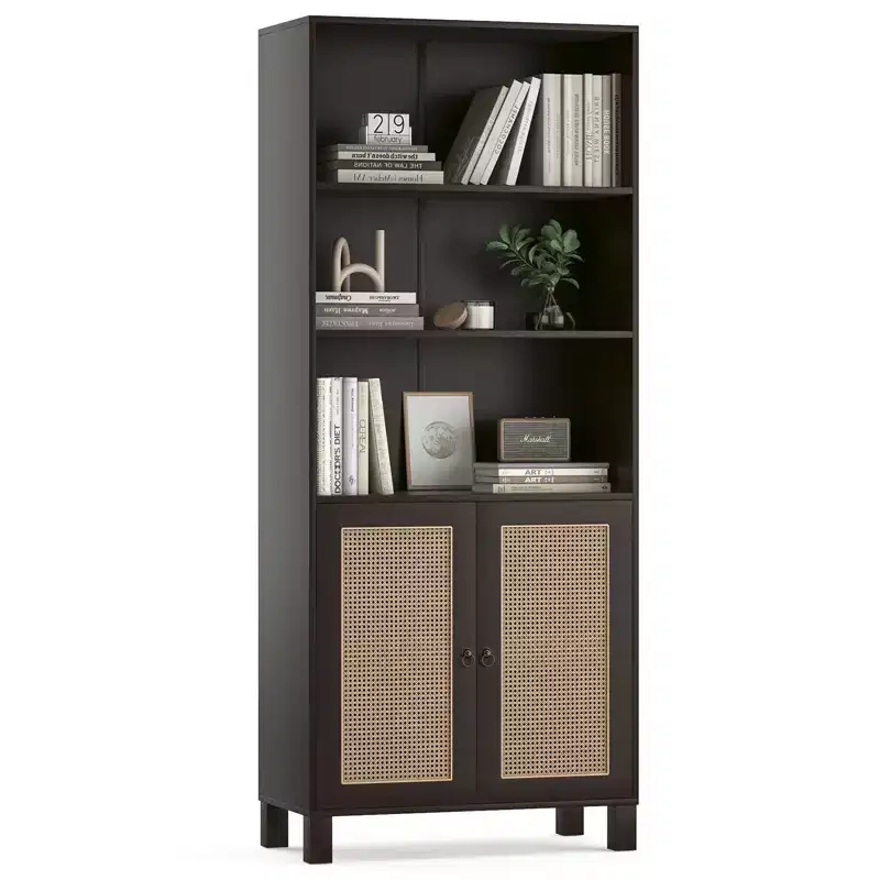PexFix 5 Shelf Bookshelf with Rattan Doors White Tall Bookcase Display Shelves for Home Office Bedroom