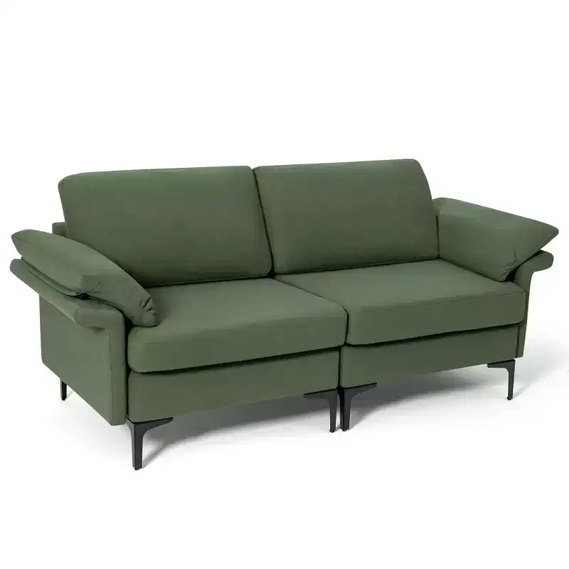 Modern Fabric Loveseat 2-Seat Sofa – High-Density Sponge, Metal Legs, Army Green