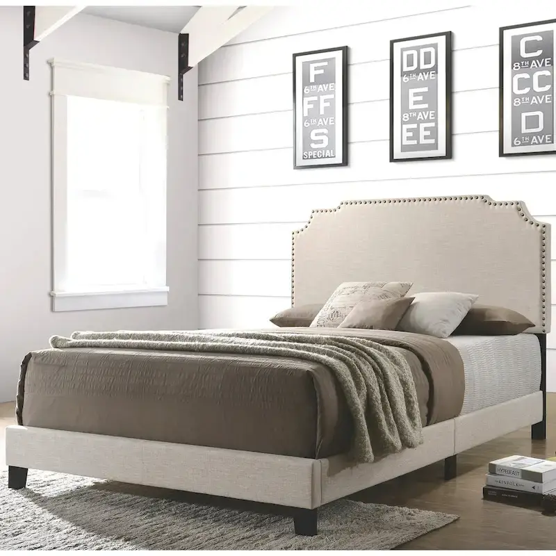 Beige/Black/Green Upholstered Platform Bed with Nailhead Trim – Full/Queen (1-Person) & King (2-Person)