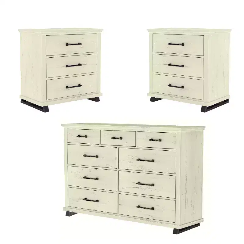 Festivo 3pc Contemporary 9 Drawer Dresser and 3 Drawer Nightstand Set Saw Cut Off-White: MDF, Metal Legs, Anti-Tip