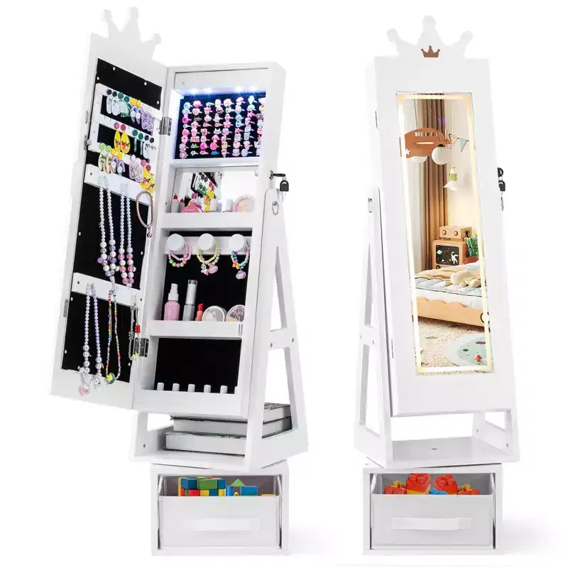 Swivel Kids Jewelry Cabinet with Lights, Full-Length Mirror & Built-in Mirror