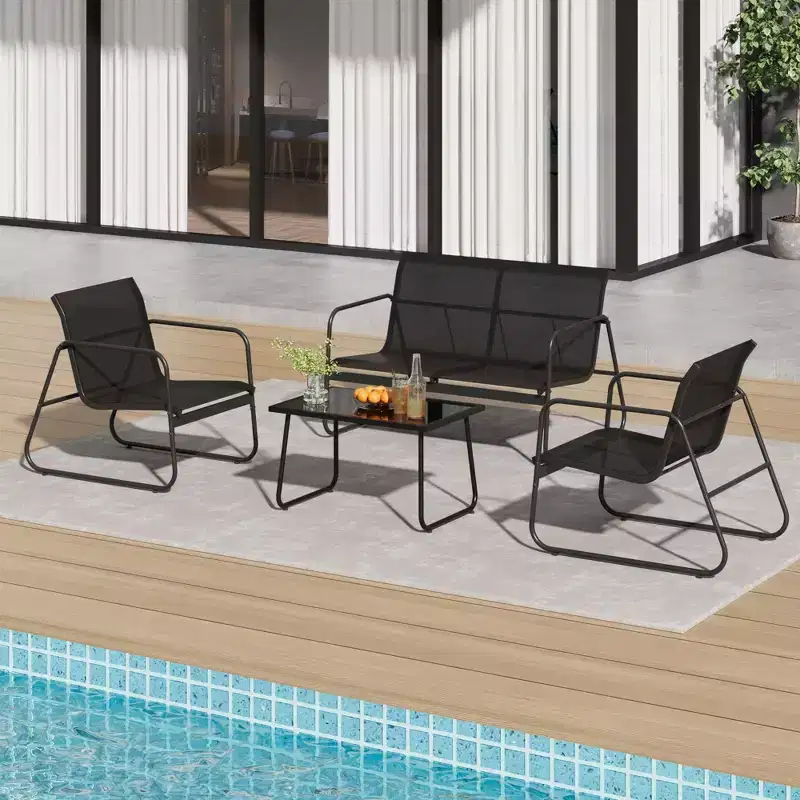 COZONY 4-Piece Outdoor Patio Furniture Set with Loveseat, 2 Chairs & Glass Coffee Table, All-Weather Textilene Fabric Conversation Set