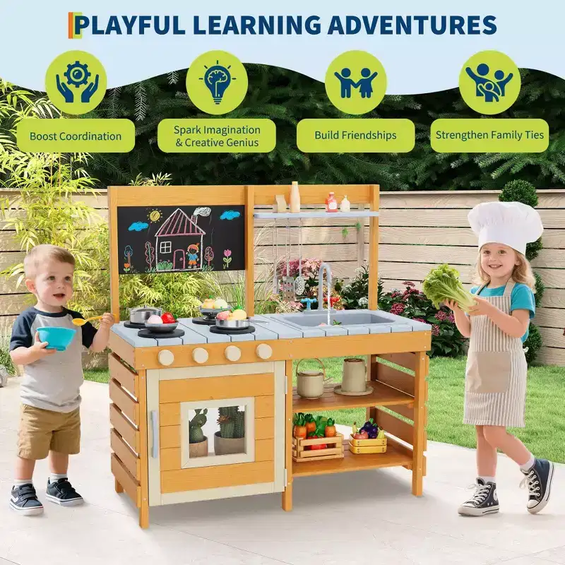 Mud Kitchen for Kids Outdoor Playset Kitchen with Cookware Pretend Stove Single Door Cabinet Bottom Storage Shelves Ideal Gift for Boys Girls 3-8