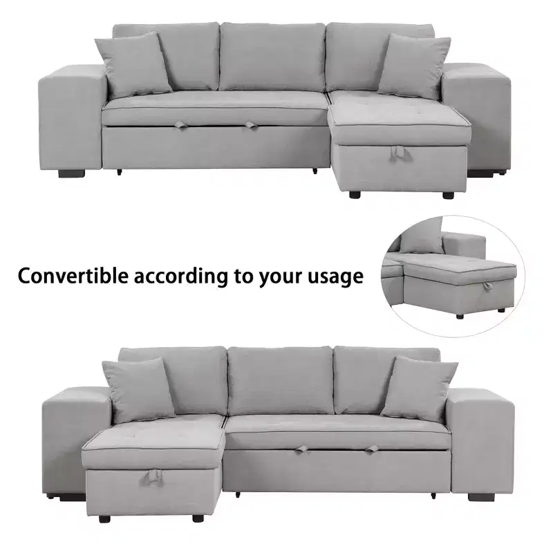 104.5 Reversible L-Shape Sleeper Sectional with Storage Chaise & 2 Stools - Convertible 3-Seat Sofa Bed for Living Room