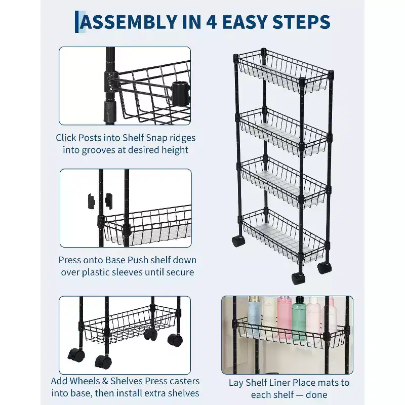 Slim Rolling Storage Cart, Adjustable Metal Utility Organizer with Wheels for Bathroom, Kitchen, Living Room & Small Spaces, Black