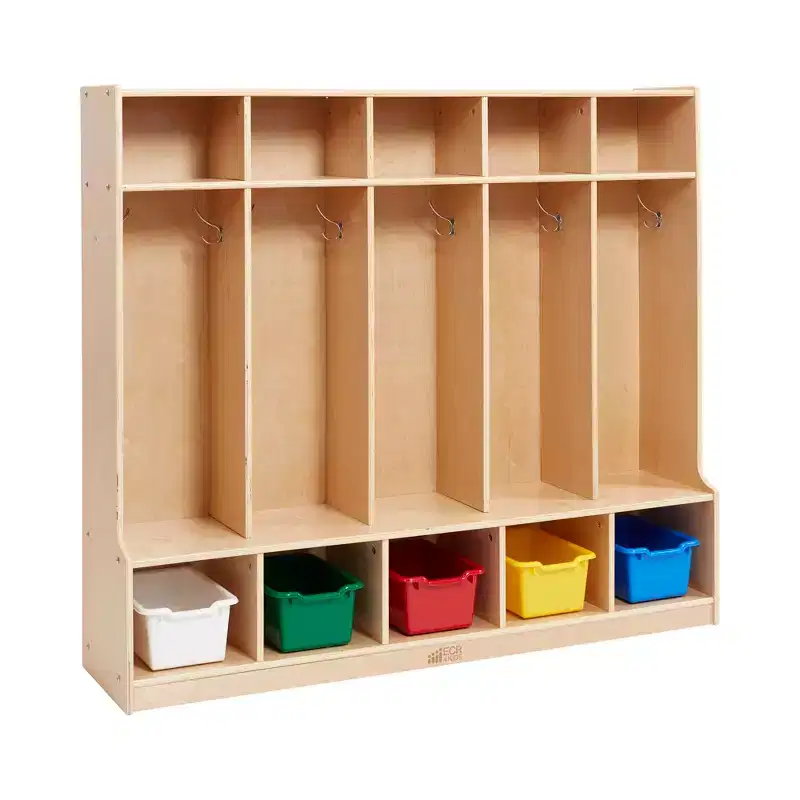 5-Section Kids Coat Locker with Bench & 5 Storage Bins – Birch Wood, GREENGUARD Gold