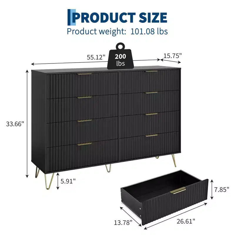 COZONY Fluted Dresser with 8 Drawers, 55 Wide Modern Wooden Chest with Metal Handles, Bedroom Dresser & TV Stand for Living Room