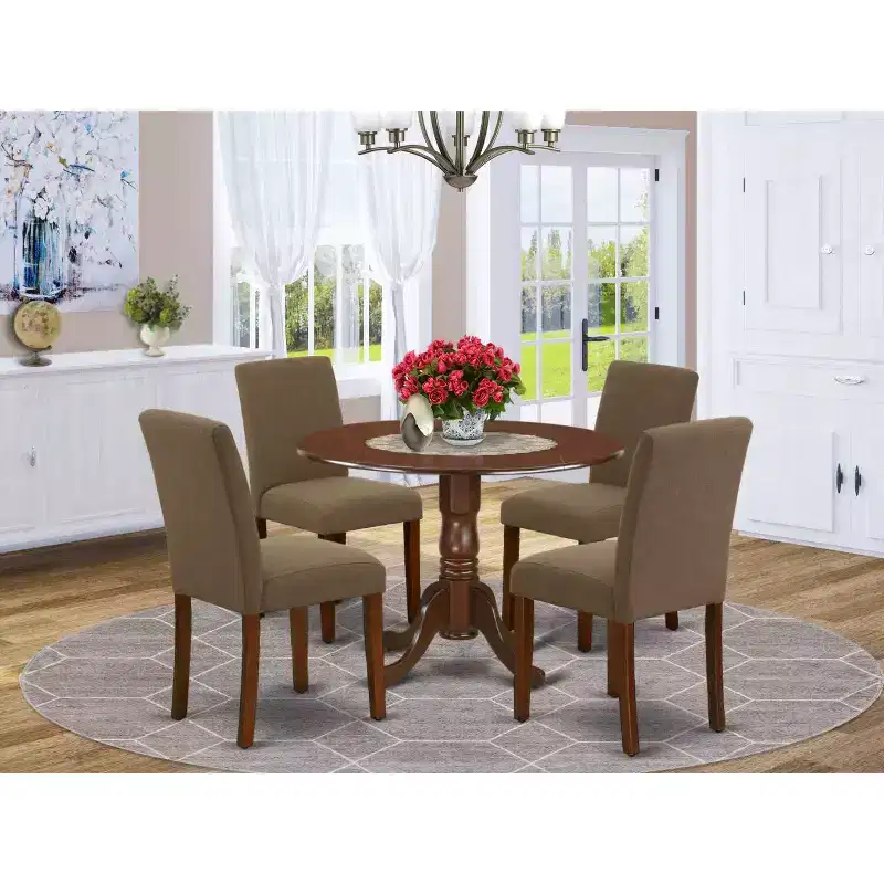 Round Kitchen Table Set 5pc 42 Table w/ Drop Leaves & 4 Parsons Chairs - Linen Fabric