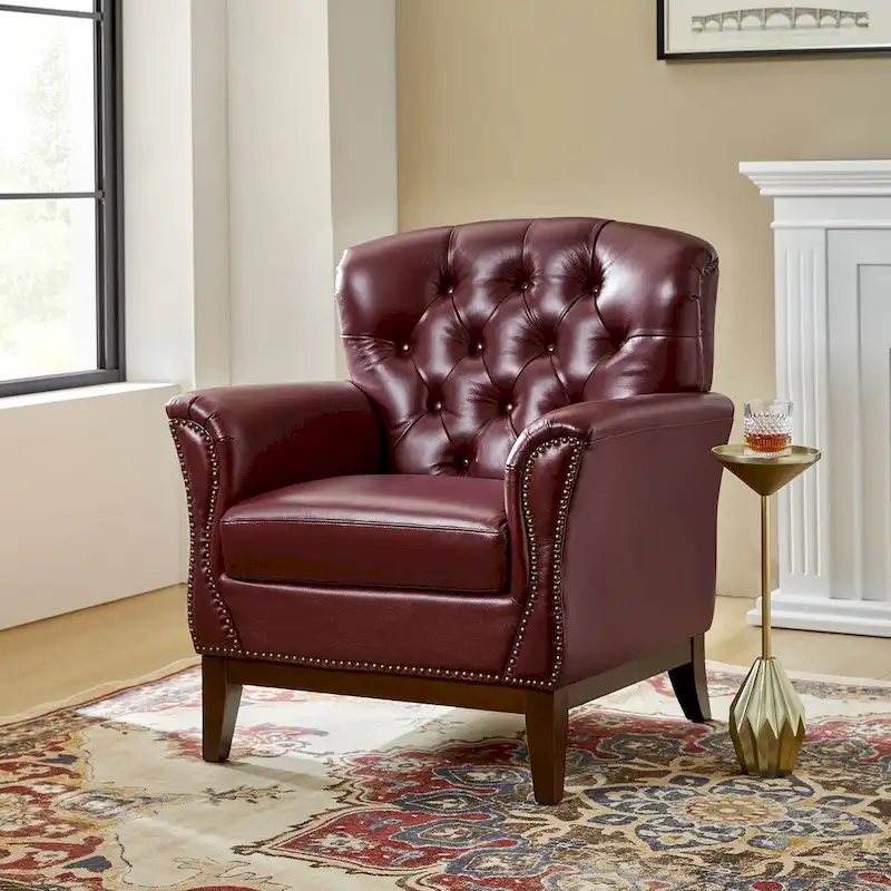 Burt Traditional Genuine Leather Accent Chair with Tufted Wing Back by HULALA HOME