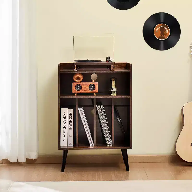 VEVOR Record Player Stand with Light, 3 Tiers Turntable Stand with Charging Station & USB Ports, Holds up to 150 Albums, Brown
