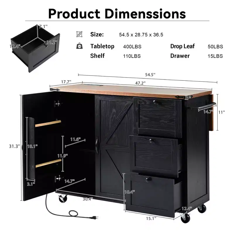 Bellemave 54.5 Farmhouse Kitchen Island with Power Outlet, with Internal Storage Rack, for Home, Kitchen and Dining Room,Black