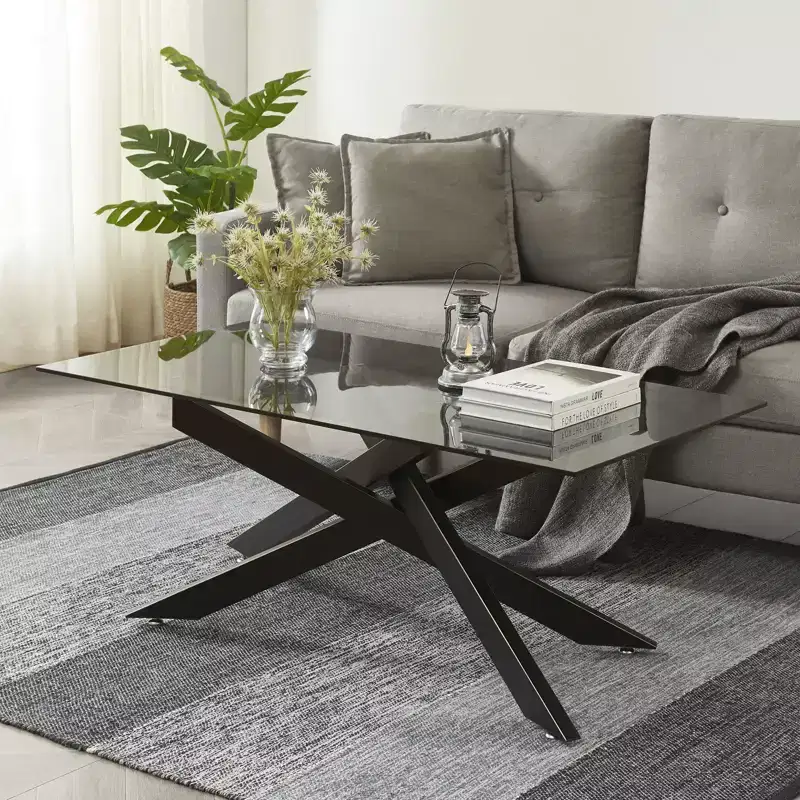 Modern Glass Coffee Table with Tempered Top and Geometric Metal Legs for Living Room