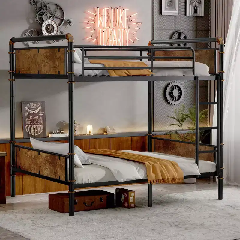 Twin XL over Twin XL Metal Bunk Bed, Industrial Style, Black, Sleeps 2