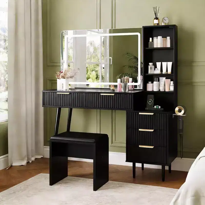 48 Oak Makeup Vanity Desk with 36 Mirror, 5 Drawers, 3 Shelves, 3-Color Adjustable Lighting, Bedroom Dressing Table Set