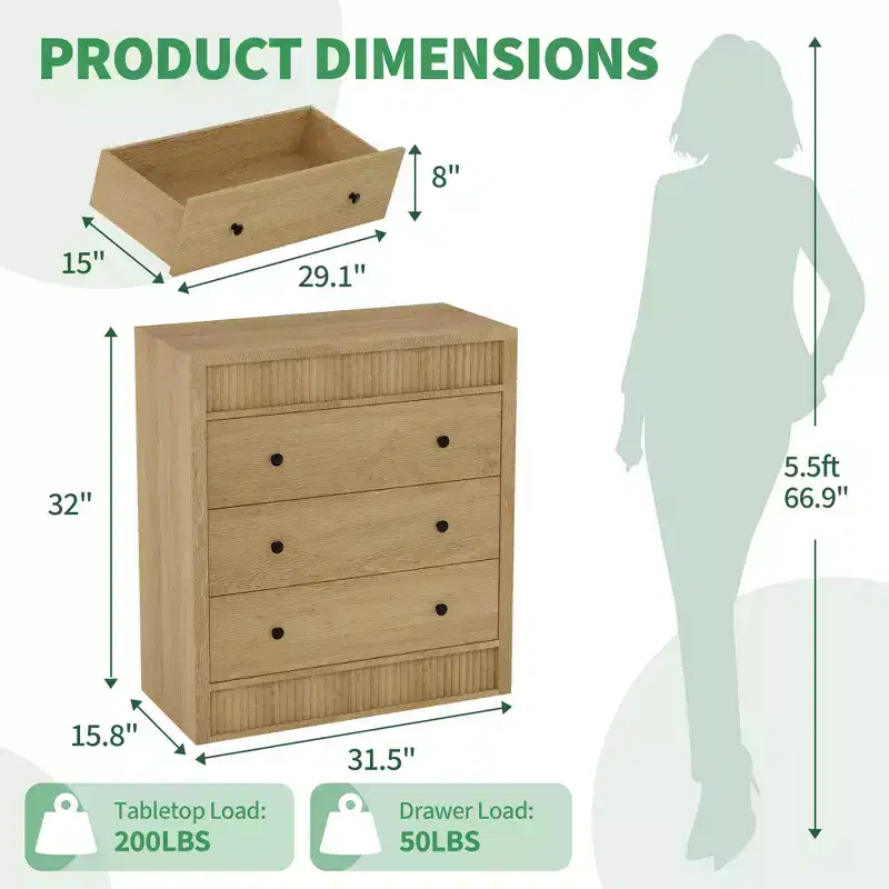 COZONY 3/5 Drawer Dresser, Wide Fluted Wooden Storage Cabinet with Smooth Glide Drawers, Modern Wooden Nightstand