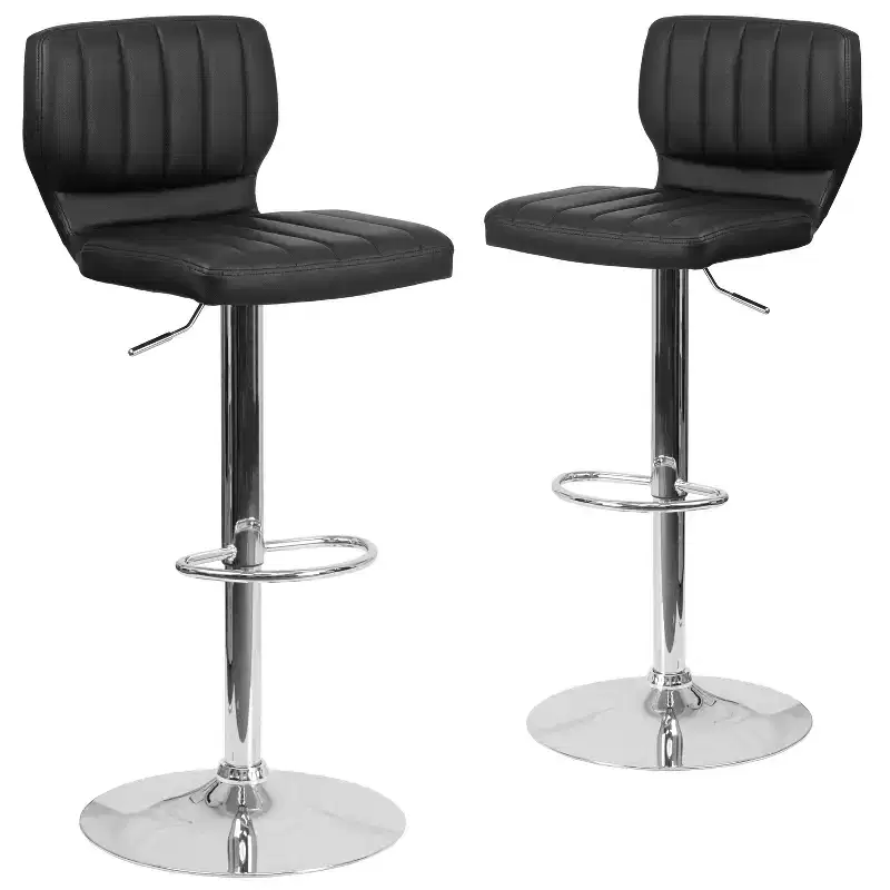 Merrick Lane Set of Two Swivel Bar Stools with Vertical Stitched Back and Adjustable Chrome Base with Footrest