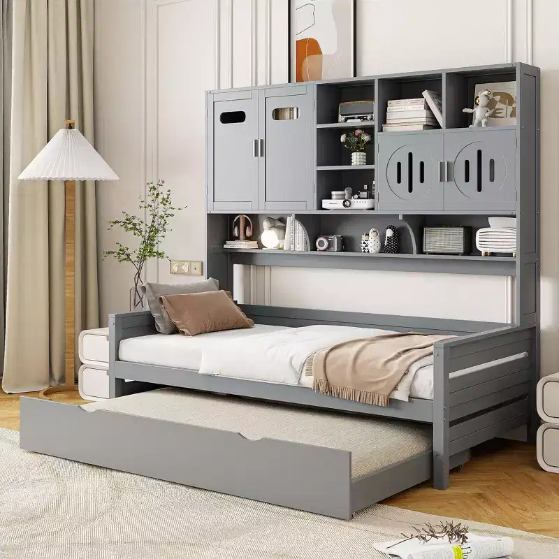 Twin/Full Size Daybed with Twin Size Trundle and All-in-One Cabinet and Shelf-